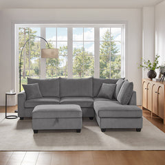 Rowan Dark Gray 107"W Corduroy Sectional Sofa with Right-Facing Chaise & Ottoman