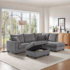 Rowan Dark Gray 107"W Corduroy Sectional Sofa with Right-Facing Chaise & Ottoman