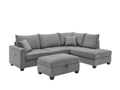 Rowan Dark Gray 107"W Corduroy Sectional Sofa with Right-Facing Chaise & Ottoman