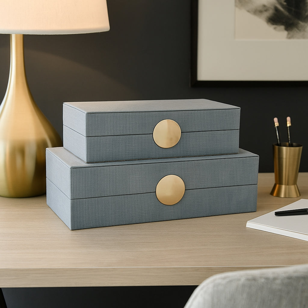Guatay Blue/Gray/Gold Rectangular Faux Leather Boxes (Set of 2)