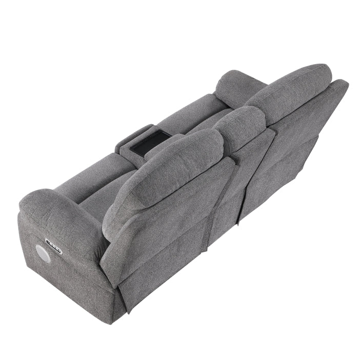 Centric Gray Power Double Reclining Loveseat With Center Console Power Headrests Power Lumbar Support Wireless Charger Hidden Cup Holders Bluetooth Speakers And Charging Ports
