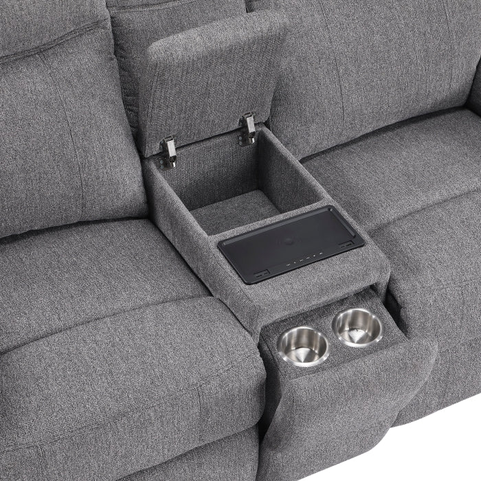 Centric Gray Power Double Reclining Loveseat With Center Console Power Headrests Power Lumbar Support Wireless Charger Hidden Cup Holders Bluetooth Speakers And Charging Ports