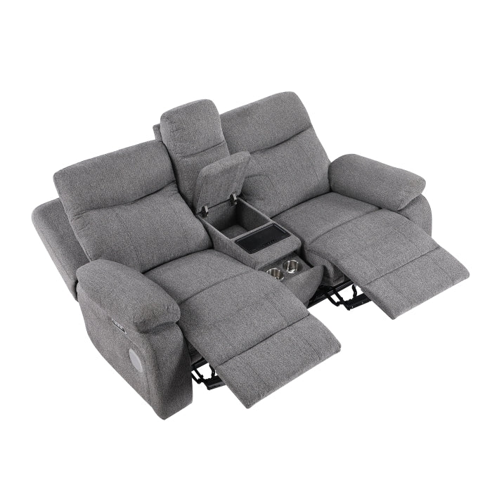 Centric Gray Power Double Reclining Loveseat With Center Console Power Headrests Power Lumbar Support Wireless Charger Hidden Cup Holders Bluetooth Speakers And Charging Ports