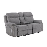 Centric Gray Power Double Reclining Loveseat With Center Console Power Headrests Power Lumbar Support Wireless Charger Hidden Cup Holders Bluetooth Speakers And Charging Ports