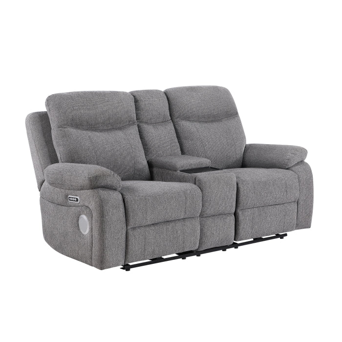 Centric Gray Power Double Reclining Loveseat With Center Console Power Headrests Power Lumbar Support Wireless Charger Hidden Cup Holders Bluetooth Speakers And Charging Ports