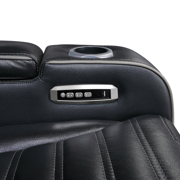 Cyber Black Power Double Reclining Sofa With Center Drop-down Cup Holders Power Headrests Storage Arms Cup Holders Reading Lights Wireless Charger Air Massage Heat Led Lighting And Charging Ports