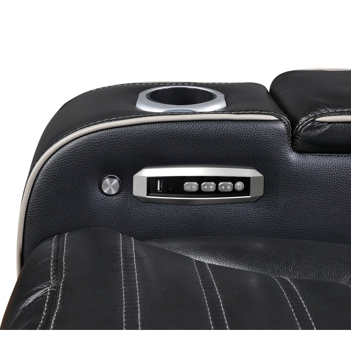 Cyber Black Power Double Reclining Sofa With Center Drop-down Cup Holders Power Headrests Storage Arms Cup Holders Reading Lights Wireless Charger Air Massage Heat Led Lighting And Charging Ports