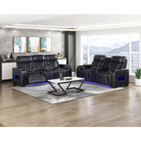 Cyber Black Power Double Reclining Sofa With Center Drop-down Cup Holders Power Headrests Storage Arms Cup Holders Reading Lights Wireless Charger Air Massage Heat Led Lighting And Charging Ports
