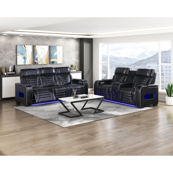 Cyber Black Power Double Reclining Sofa With Center Drop-down Cup Holders Power Headrests Storage Arms Cup Holders Reading Lights Wireless Charger Air Massage Heat Led Lighting And Charging Ports