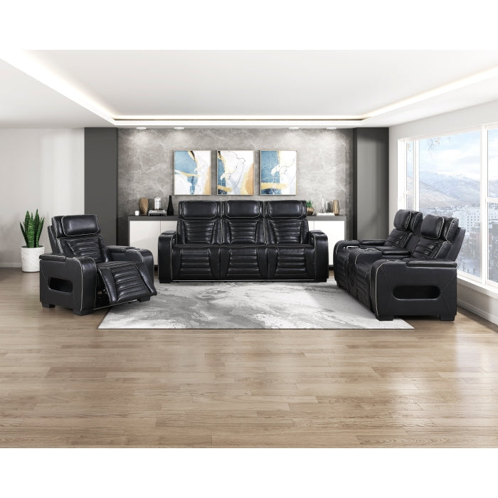 Cyber Black Power Double Reclining Sofa With Center Drop-down Cup Holders Power Headrests Storage Arms Cup Holders Reading Lights Wireless Charger Air Massage Heat Led Lighting And Charging Ports