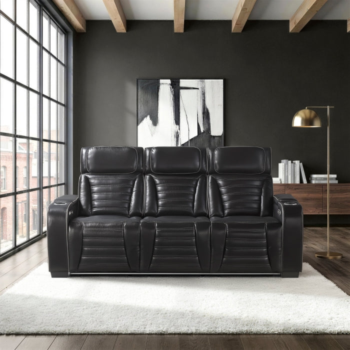 Cyber Black Power Double Reclining Sofa With Center Drop-down Cup Holders Power Headrests Storage Arms Cup Holders Reading Lights Wireless Charger Air Massage Heat Led Lighting And Charging Ports