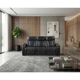 Cyber Black Power Double Reclining Sofa With Center Drop-down Cup Holders Power Headrests Storage Arms Cup Holders Reading Lights Wireless Charger Air Massage Heat Led Lighting And Charging Ports