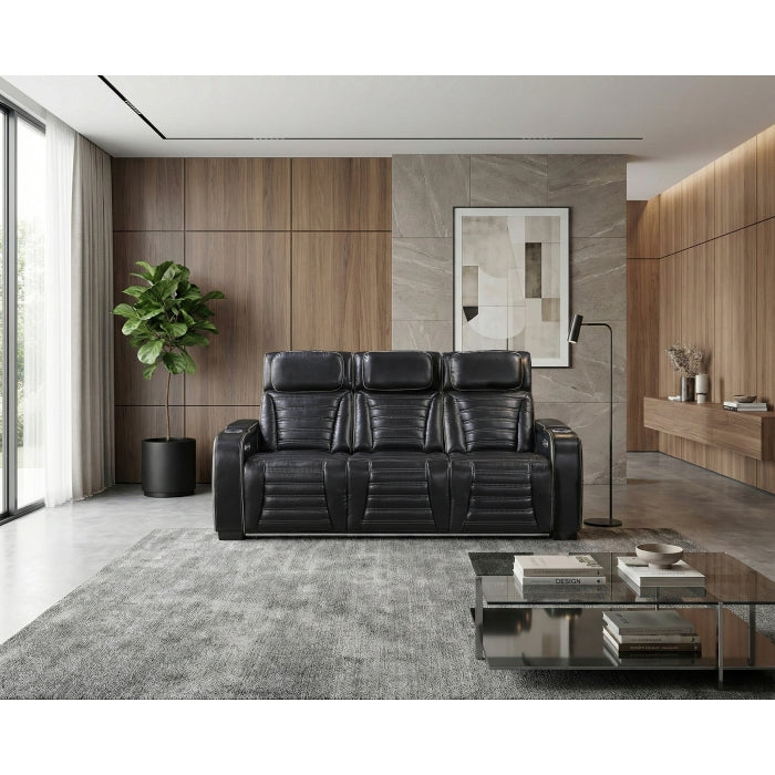 Cyber Black Power Double Reclining Sofa With Center Drop-down Cup Holders Power Headrests Storage Arms Cup Holders Reading Lights Wireless Charger Air Massage Heat Led Lighting And Charging Ports
