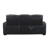 Cyber Black Power Double Reclining Sofa With Center Drop-down Cup Holders Power Headrests Storage Arms Cup Holders Reading Lights Wireless Charger Air Massage Heat Led Lighting And Charging Ports