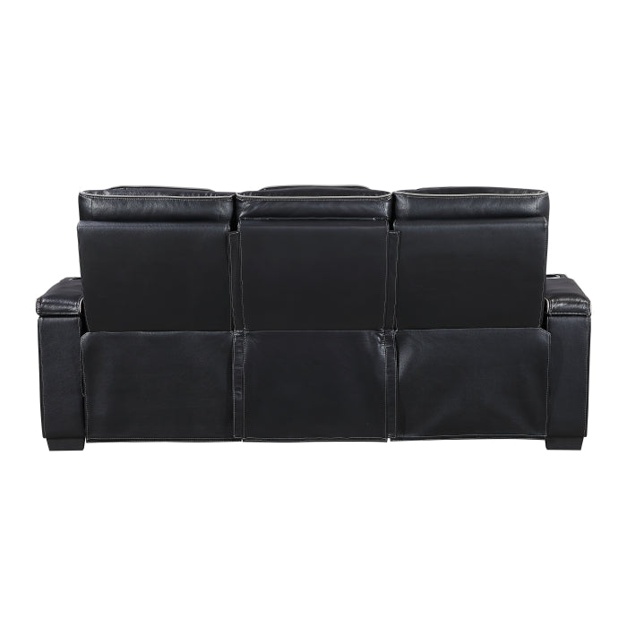 Cyber Black Power Double Reclining Sofa With Center Drop-down Cup Holders Power Headrests Storage Arms Cup Holders Reading Lights Wireless Charger Air Massage Heat Led Lighting And Charging Ports