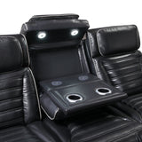 Cyber Black Power Double Reclining Sofa With Center Drop-down Cup Holders Power Headrests Storage Arms Cup Holders Reading Lights Wireless Charger Air Massage Heat Led Lighting And Charging Ports