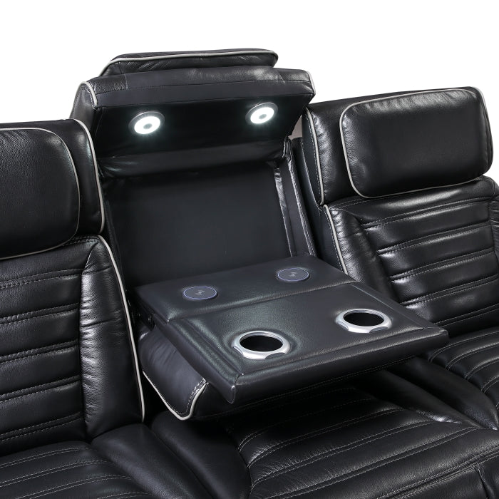 Cyber Black Power Double Reclining Sofa With Center Drop-down Cup Holders Power Headrests Storage Arms Cup Holders Reading Lights Wireless Charger Air Massage Heat Led Lighting And Charging Ports