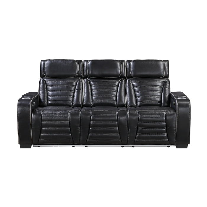 Cyber Black Power Double Reclining Sofa With Center Drop-down Cup Holders Power Headrests Storage Arms(Top And Side) Cup Holders Reading Lights Wireless Charger Air Massage Heat Led Lighting And Charging Ports