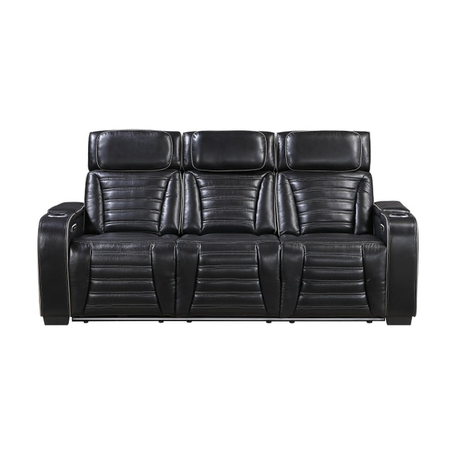 Cyber Black Power Double Reclining Sofa With Center Drop-down Cup Holders Power Headrests Storage Arms(Top And Side) Cup Holders Reading Lights Wireless Charger Air Massage Heat Led Lighting And Charging Ports