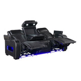 Cyber Black Power Double Reclining Sofa With Center Drop-down Cup Holders Power Headrests Storage Arms Cup Holders Reading Lights Wireless Charger Air Massage Heat Led Lighting And Charging Ports