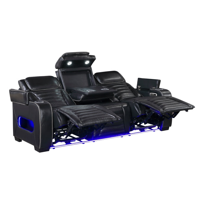 Cyber Black Power Double Reclining Sofa With Center Drop-down Cup Holders Power Headrests Storage Arms Cup Holders Reading Lights Wireless Charger Air Massage Heat Led Lighting And Charging Ports