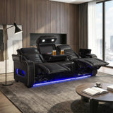 Cyber Black Power Double Reclining Sofa With Center Drop-down Cup Holders Power Headrests Storage Arms Cup Holders Reading Lights Wireless Charger Air Massage Heat Led Lighting And Charging Ports