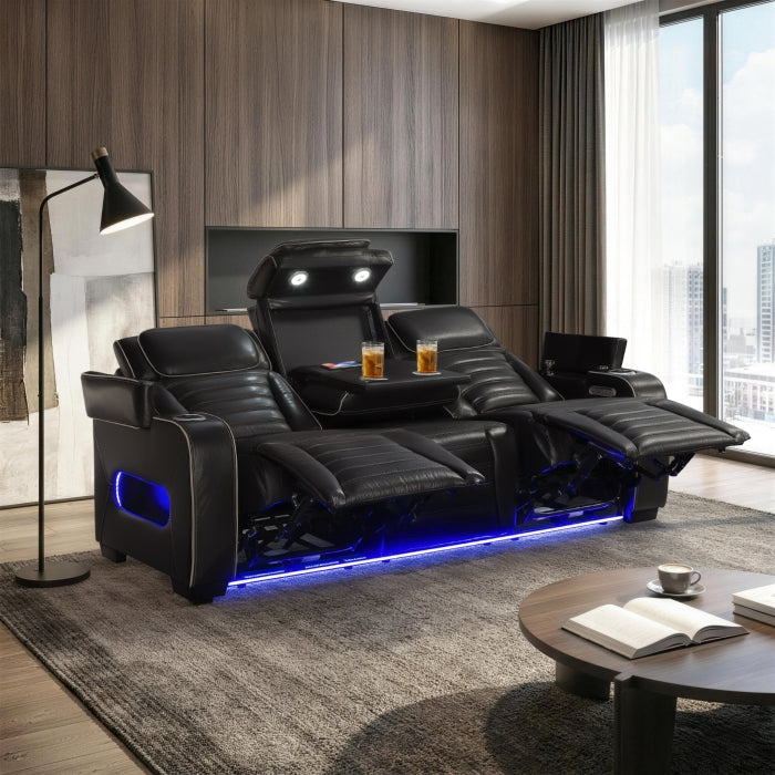Cyber Black Power Double Reclining Sofa With Center Drop-down Cup Holders Power Headrests Storage Arms Cup Holders Reading Lights Wireless Charger Air Massage Heat Led Lighting And Charging Ports