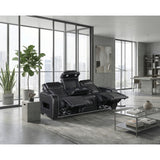 Cyber Black Power Double Reclining Sofa With Center Drop-down Cup Holders Power Headrests Storage Arms Cup Holders Reading Lights Wireless Charger Air Massage Heat Led Lighting And Charging Ports