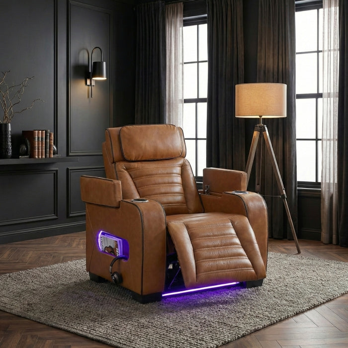 Cyber Brown Power Reclining Chair With Power Headrest Cup Holder Storage Arms Air Massage Heat Led Lighting And Charging Ports