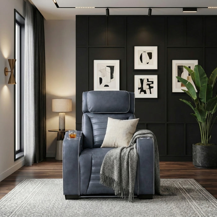 Cyber Blue Power Reclining Chair With Power Headrest Cup Holder Storage Arms Air Massage Heat Led Lighting And Charging Ports