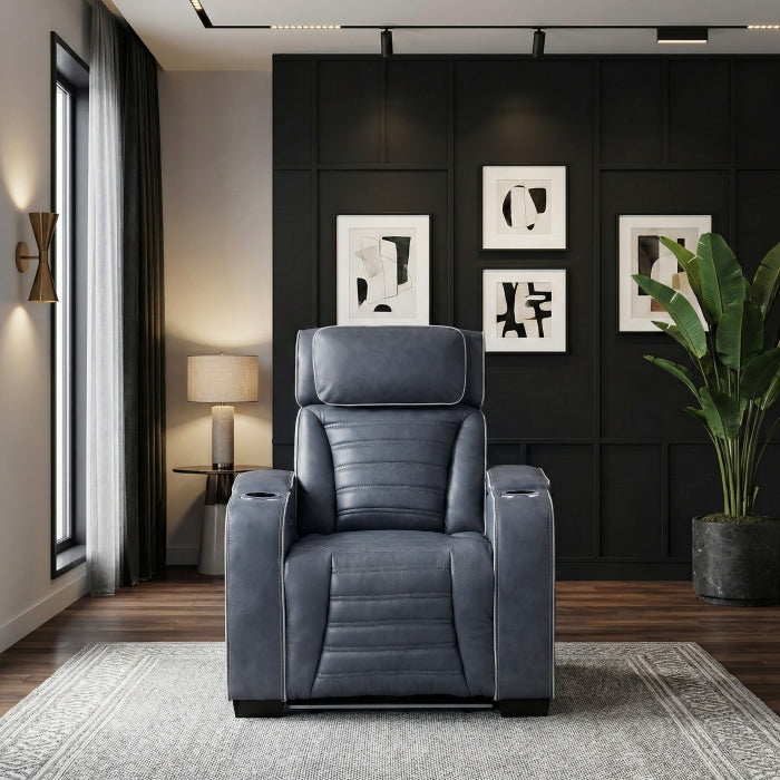 Cyber Blue Power Reclining Chair With Power Headrest Cup Holder Storage Arms Air Massage Heat Led Lighting And Charging Ports