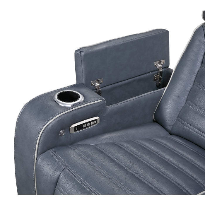 Cyber Blue Power Double Reclining Loveseat With Center Console Power Headrests Storage Arms Cup Holders Wireless Speakers With Sub-woofer Air Massage Heat Led Lighting And Charging Ports