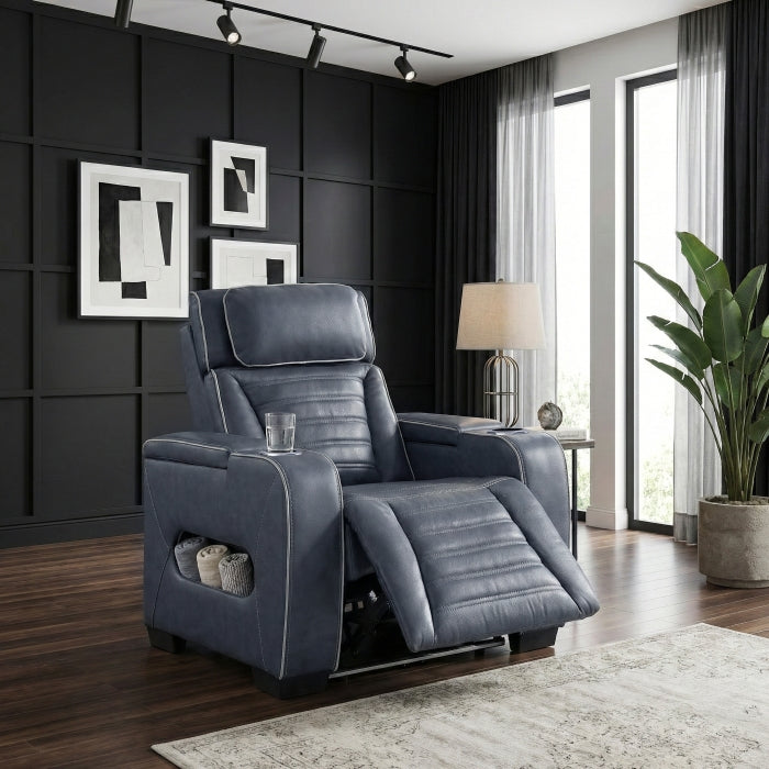 Cyber Blue Power Reclining Chair With Power Headrest Cup Holder Storage Arms Air Massage Heat Led Lighting And Charging Ports