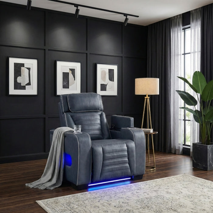 Cyber Blue Power Reclining Chair With Power Headrest Cup Holder Storage Arms Air Massage Heat Led Lighting And Charging Ports