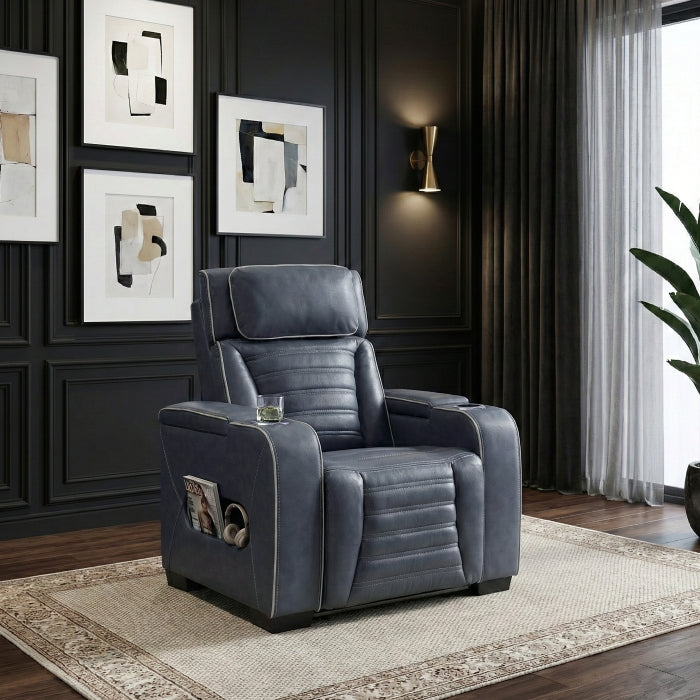 Cyber Blue Power Reclining Chair With Power Headrest Cup Holder Storage Arms Air Massage Heat Led Lighting And Charging Ports