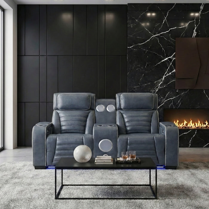 Cyber Blue Power Double Reclining Loveseat With Center Console Power Headrests Storage Arms Cup Holders Wireless Speakers With Sub-woofer Air Massage Heat Led Lighting And Charging Ports