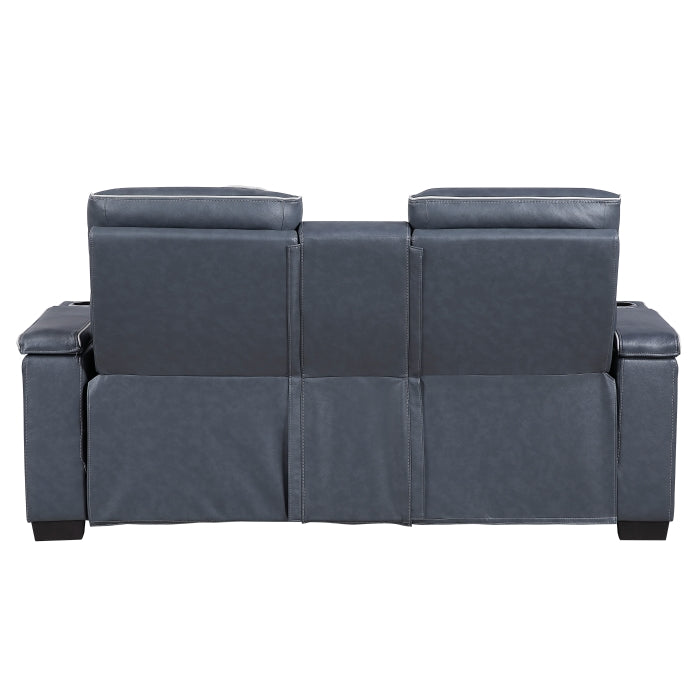 Cyber Blue Power Double Reclining Loveseat With Center Console Power Headrests Storage Arms Cup Holders Wireless Speakers With Sub-woofer Air Massage Heat Led Lighting And Charging Ports