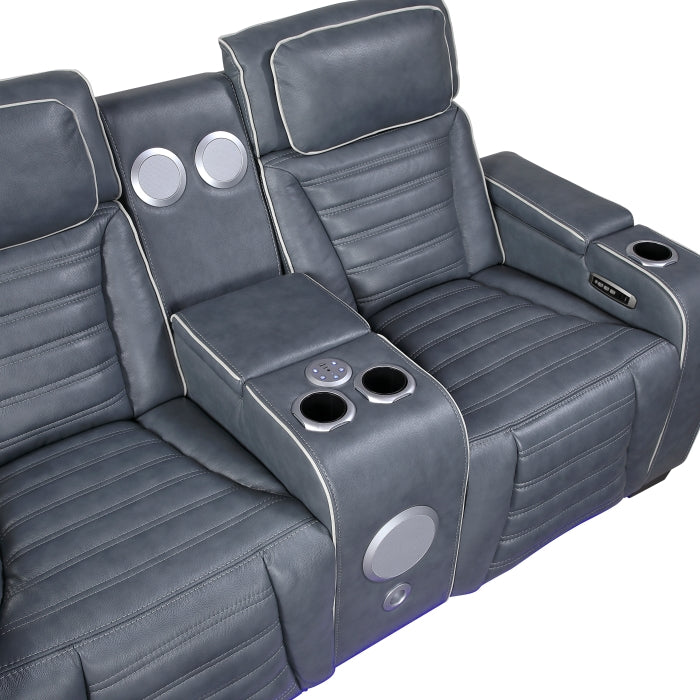 Cyber Blue Power Double Reclining Loveseat With Center Console Power Headrests Storage Arms Cup Holders Wireless Speakers With Sub-woofer Air Massage Heat Led Lighting And Charging Ports