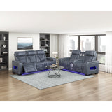 Cyber Blue Power Double Reclining Sofa With Center Drop-down Cup Holders Power Headrests Storage Arms Cup Holders Reading Lights Wireless Charger Air Massage Heat Led Lighting And Charging Ports