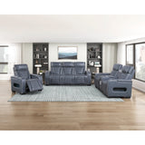 Cyber Blue Power Double Reclining Loveseat With Center Console Power Headrests Storage Arms Cup Holders Wireless Speakers With Sub-woofer Air Massage Heat Led Lighting And Charging Ports