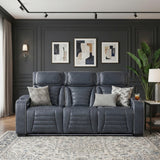 Cyber Blue Power Double Reclining Sofa With Center Drop-down Cup Holders Power Headrests Storage Arms Cup Holders Reading Lights Wireless Charger Air Massage Heat Led Lighting And Charging Ports