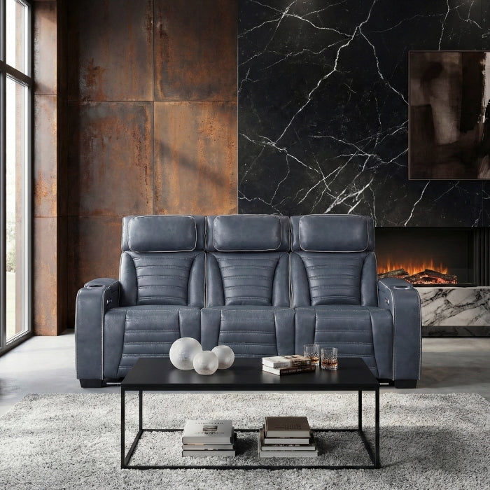Cyber Blue Power Double Reclining Sofa With Center Drop-down Cup Holders Power Headrests Storage Arms Cup Holders Reading Lights Wireless Charger Air Massage Heat Led Lighting And Charging Ports