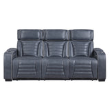 Cyber Blue Power Double Reclining Sofa With Center Drop-down Cup Holders Power Headrests Storage Arms(Top And Side) Cup Holders Reading Lights Wireless Charger Air Massage Heat Led Lighting And Charging Ports
