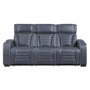 Cyber Blue Power Double Reclining Sofa With Center Drop-down Cup Holders Power Headrests Storage Arms(Top And Side) Cup Holders Reading Lights Wireless Charger Air Massage Heat Led Lighting And Charging Ports