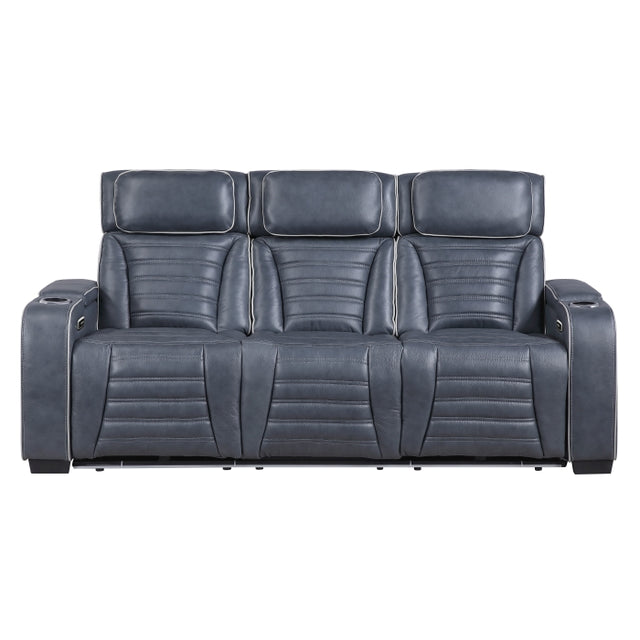 Cyber Blue Power Double Reclining Sofa With Center Drop-down Cup Holders Power Headrests Storage Arms(Top And Side) Cup Holders Reading Lights Wireless Charger Air Massage Heat Led Lighting And Charging Ports