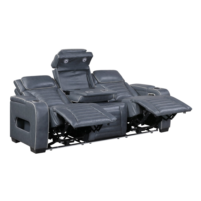 Cyber Blue Power Double Reclining Sofa With Center Drop-down Cup Holders Power Headrests Storage Arms Cup Holders Reading Lights Wireless Charger Air Massage Heat Led Lighting And Charging Ports