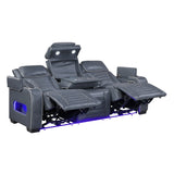 Cyber Blue Power Double Reclining Sofa With Center Drop-down Cup Holders Power Headrests Storage Arms Cup Holders Reading Lights Wireless Charger Air Massage Heat Led Lighting And Charging Ports