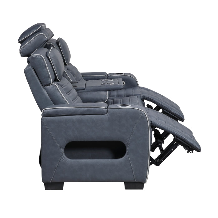 Cyber Blue Power Double Reclining Sofa With Center Drop-down Cup Holders Power Headrests Storage Arms Cup Holders Reading Lights Wireless Charger Air Massage Heat Led Lighting And Charging Ports
