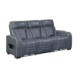 Cyber Blue Power Double Reclining Sofa With Center Drop-down Cup Holders Power Headrests Storage Arms Cup Holders Reading Lights Wireless Charger Air Massage Heat Led Lighting And Charging Ports