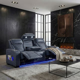 Cyber Blue Power Double Reclining Sofa With Center Drop-down Cup Holders Power Headrests Storage Arms Cup Holders Reading Lights Wireless Charger Air Massage Heat Led Lighting And Charging Ports